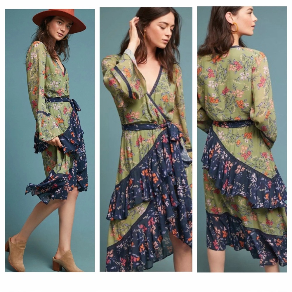 LOVE SAM Anthropologie Williston Ruffle Wrap Floral Midi Dress sze S Petite $395